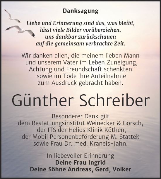 Traueranzeige von Günther Schreiber von Trauerkombi Bernburg