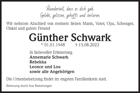 Traueranzeige von Günther Schwark von Volksstimme Magdeburg
