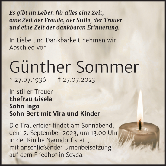 Traueranzeige von Günther Sommer von Trauerkombi Wittenberg