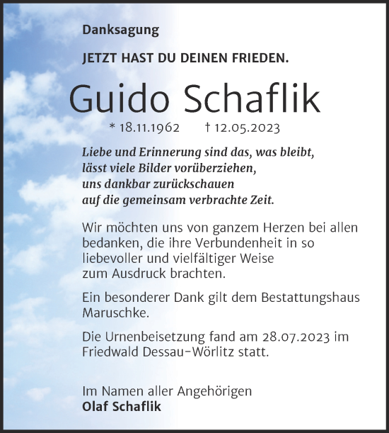 Traueranzeige von Guido Schaflik von Trauerkombi Bitterfeld