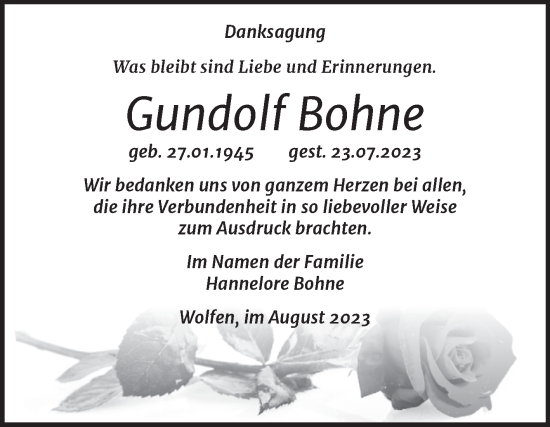 Traueranzeige von Gundolf Bohne von Trauerkombi Bitterfeld