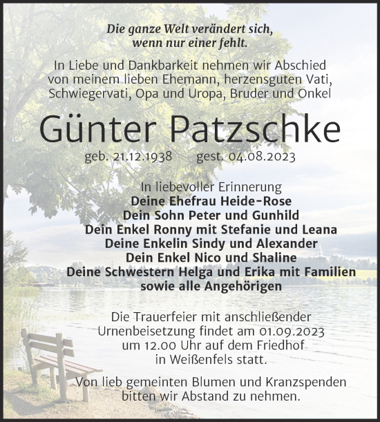 Traueranzeige von Gunter Patzschke von Trauerkombi Weißenfels