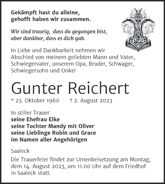 Traueranzeige von Gunter Reichert von Wochenspiegel Naumburg/Nebra