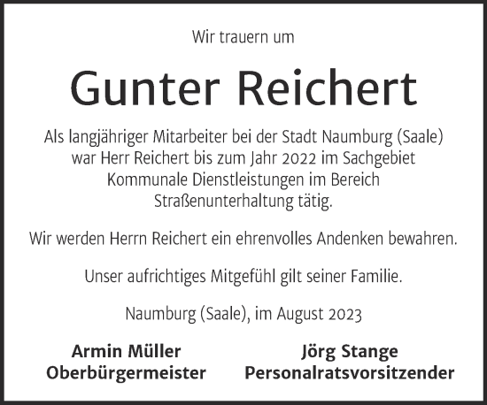 Traueranzeige von Gunter Reichert von Naumburger Tageblatt