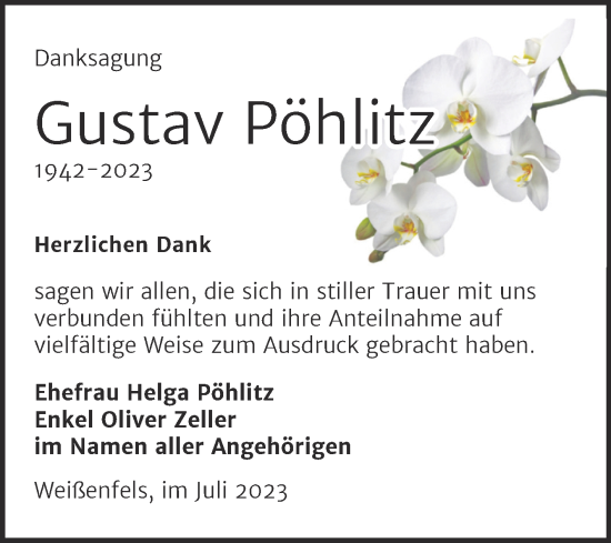 Traueranzeige von Gustav Pöhlitz von Trauerkombi Weißenfels