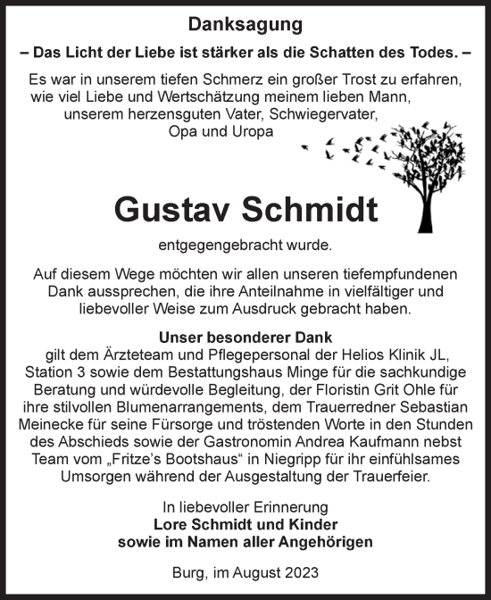 Traueranzeige von Gustav Schmidt von Volksstimme Burg/Genthin