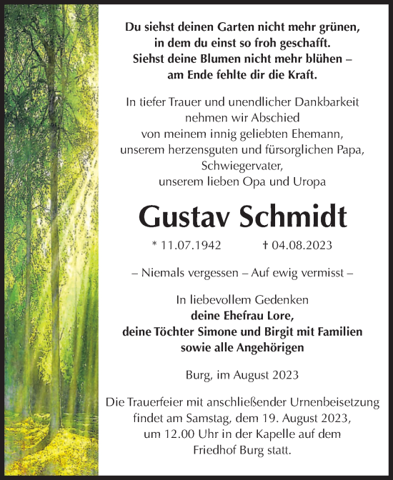 Traueranzeige von Gustav Schmidt von Volksstimme Burg/Genthin