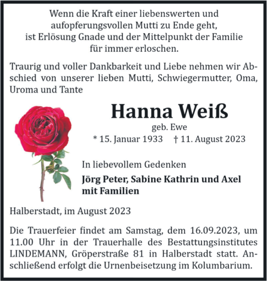 Traueranzeige von Hanna Weiß von Volksstimme Halberstadt