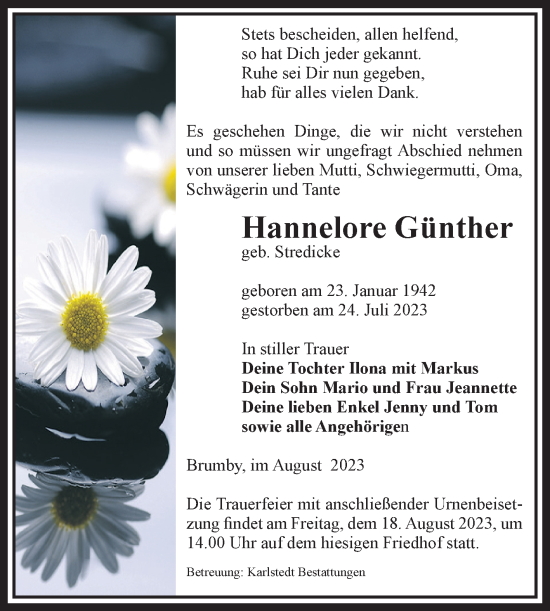 Traueranzeige von HAnnelore Günther von Volksstimme Schönebeck