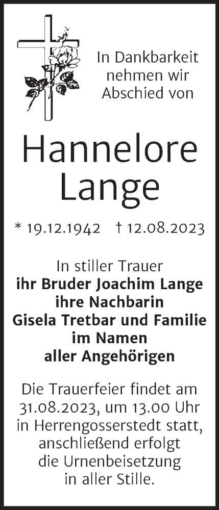 Traueranzeige von Hannelore Lange von Wochenspiegel Naumburg/Nebra