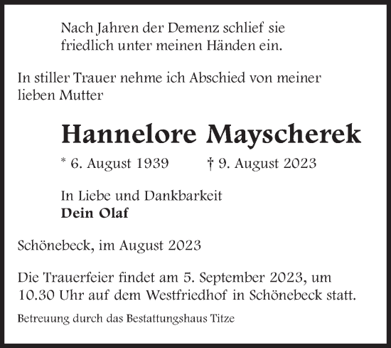 Traueranzeige von Hannelore Mayscherek von Volksstimme Burg/Genthin