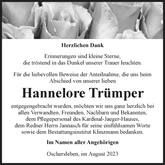 Traueranzeige von Hannelore Trümper von Volksstimme Oschersleben/Wanzleben