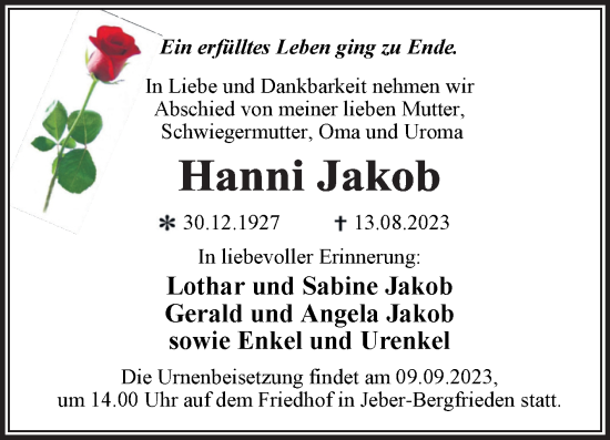 Traueranzeige von Hanni Jakob von Trauerkombi Wittenberg