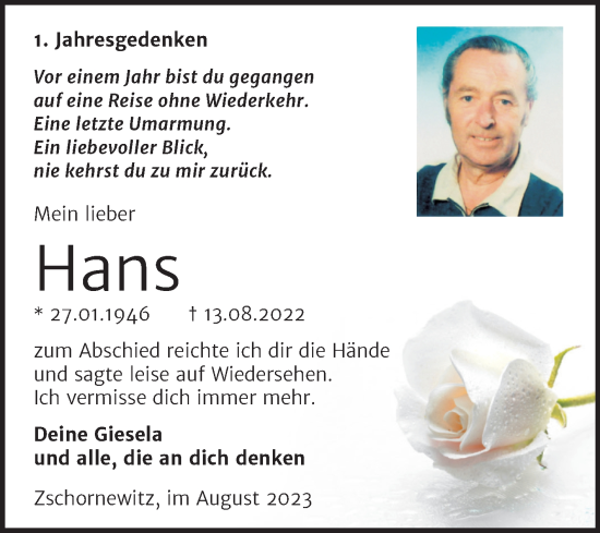 Traueranzeige von Hans  von Trauerkombi Wittenberg