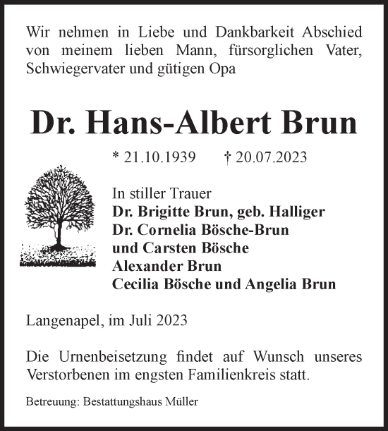 Traueranzeige von Hans-Albert Brun von Volksstimme Altmark Ost