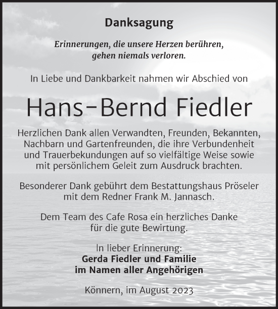 Traueranzeige von Hans-Bernd Fiedler von Trauerkombi Bernburg
