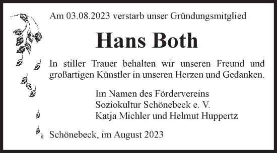 Traueranzeige von Hans Both von Volksstimme Schönebeck