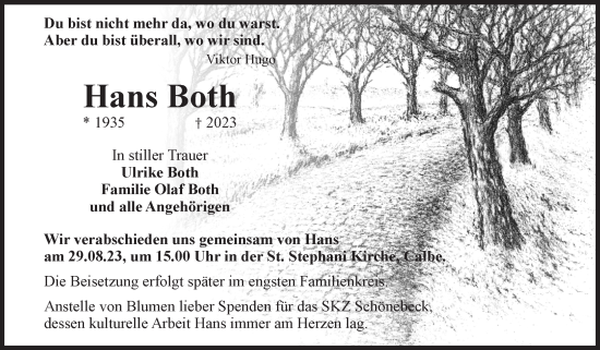 Traueranzeige von Hans Both von Volksstimme Schönebeck