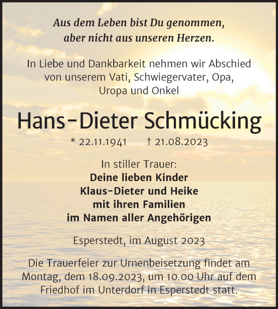 Traueranzeige von Hans-Dieter Schmücking von Trauerkombi Merseburg