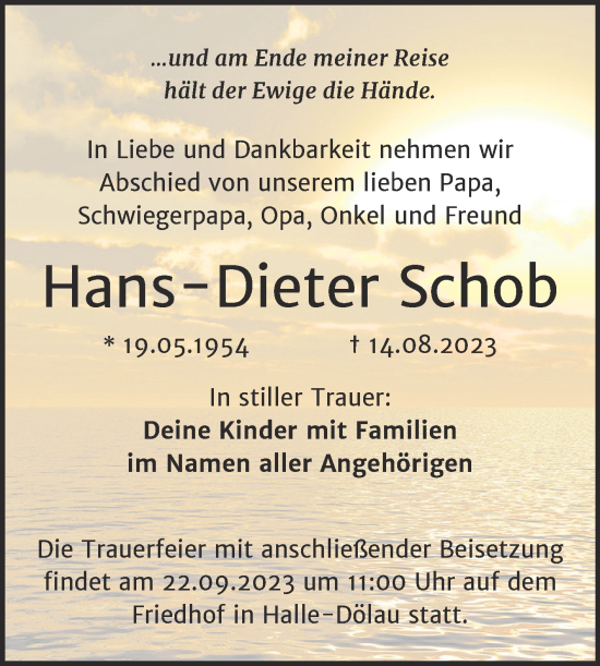 Traueranzeige von Hans-Dieter Schob von Mitteldeutsche Zeitung Halle/Saalkreis