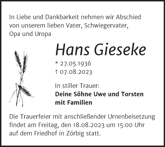 Traueranzeige von Hans Gieseke von Trauerkombi Bitterfeld