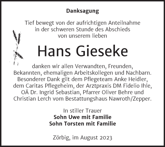 Traueranzeige von Hans Gieseke von Trauerkombi Bitterfeld