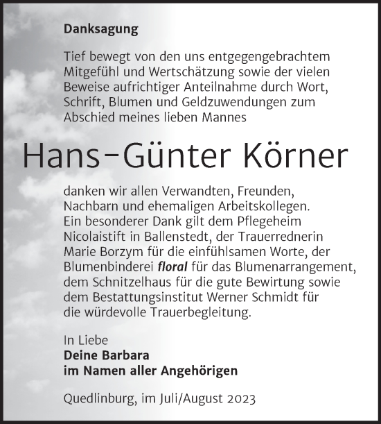 Traueranzeige von Hans-Günter Körner von Trauerkombi Quedlinburg