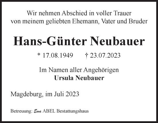 Traueranzeige von Hans-Günter Neubauer von Volksstimme Magdeburg