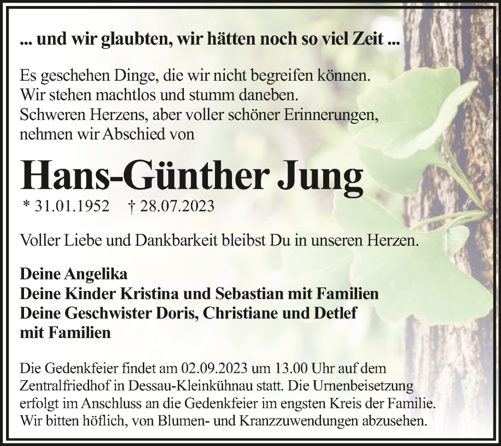  Traueranzeige für Hans-Günther Jung vom 12.08.2023 aus Trauerkombi Dessau