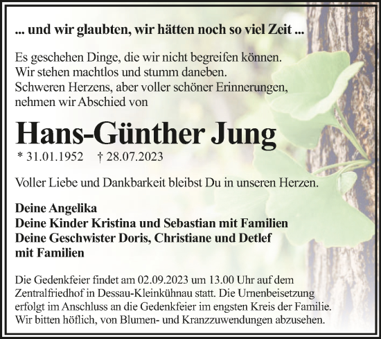 Traueranzeige von Hans-Günther Jung von Trauerkombi Dessau