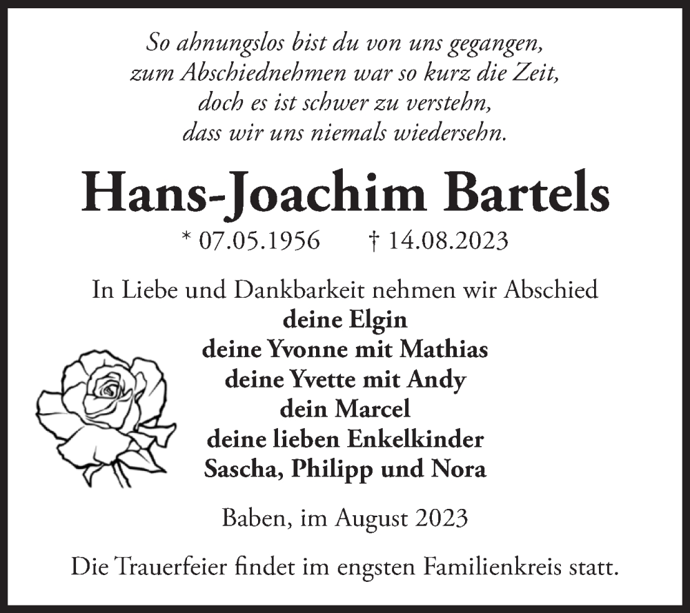  Traueranzeige für Hans-Joachim Bartels vom 19.08.2023 aus Volksstimme Altmark Ost