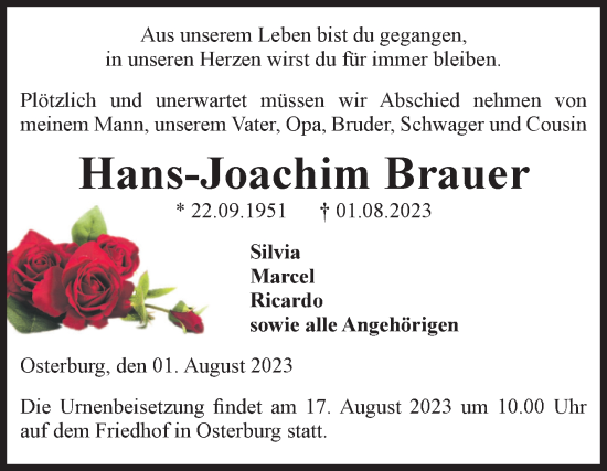 Traueranzeige von Hans-Joachim Brauer von Volksstimme Altmark Ost