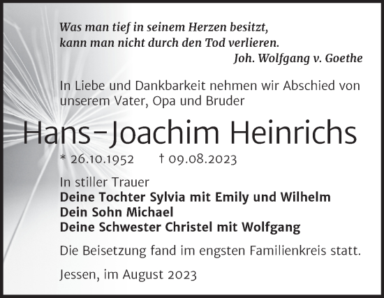 Traueranzeige von Hans-Joachim Heinrichs von Trauerkombi Wittenberg