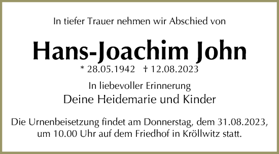 Traueranzeige von Hans-Joachim John von Mitteldeutsche Zeitung Halle/Saalkreis