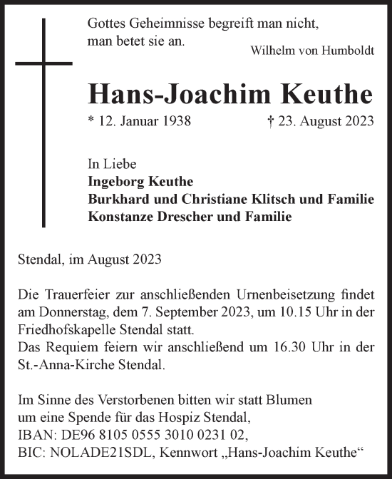 Traueranzeige von Hans-Joachim Keuthe von Volksstimme Altmark Ost