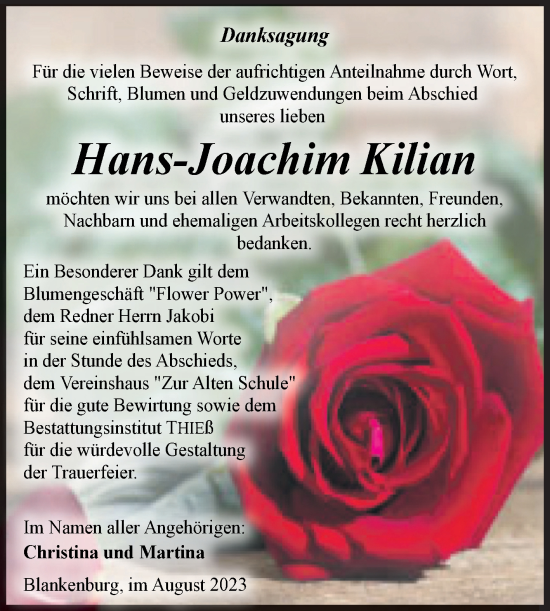 Traueranzeige von Hans-Joachim Kilian von Volksstimme Wernigerode