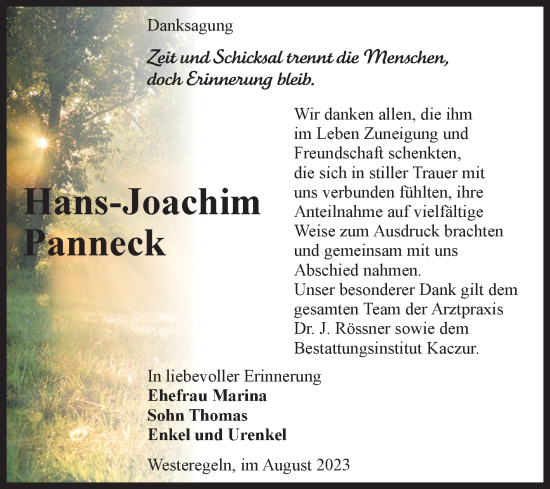 Traueranzeige von Hans-Joachim Panneck von Volksstimme Staßfurt