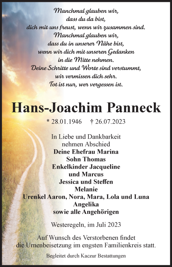Traueranzeige von Hans-Joachim Panneck von Volksstimme Staßfurt