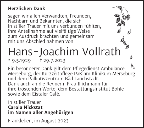 Traueranzeige von Hans-Joachim Vollrath von Trauerkombi Merseburg