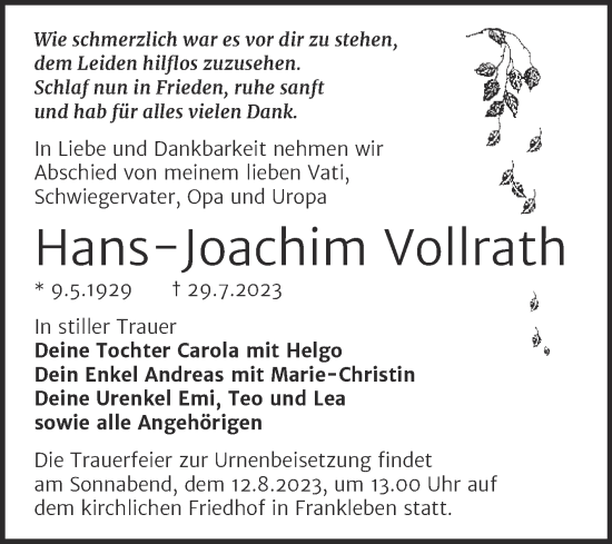 Traueranzeige von Hans-Joachim Vollrath von Trauerkombi Merseburg