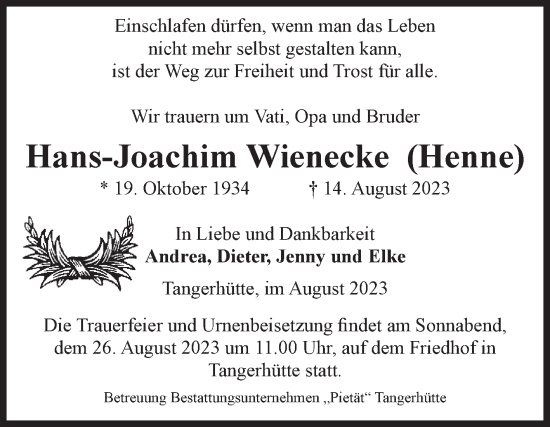 Traueranzeige von Hans-Joachim Wienecke von Volksstimme Altmark Ost