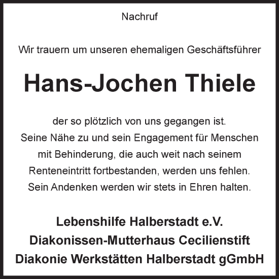 Traueranzeige von Hans-Jochen Thiele von Volksstimme Halberstadt
