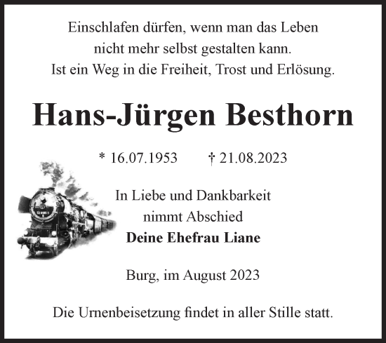 Traueranzeige von Hans-Jürgen Besthorn von Volksstimme Burg/Genthin
