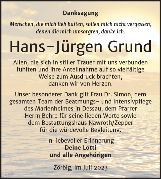 Traueranzeige von Hans-Jürgen Grund von Trauerkombi Bitterfeld