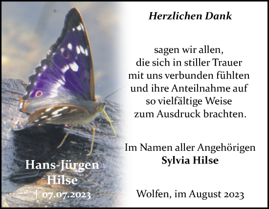 Traueranzeige von Hans-Jürgen Hilse von Trauerkombi Bitterfeld