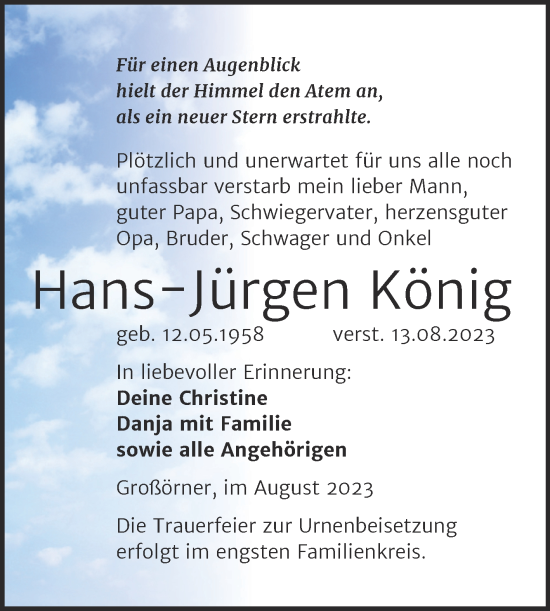 Traueranzeige von Hans-Jürgen König von Trauerkombi Mansfelder Land