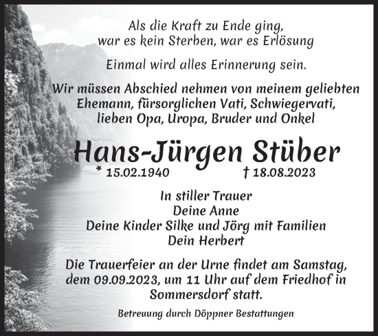 Traueranzeige von Hans-Jürgen Stüber von Volksstimme Oschersleben/Wanzleben
