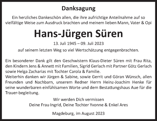 Traueranzeige von Hans-Jürgen Süren von Volksstimme Magdeburg