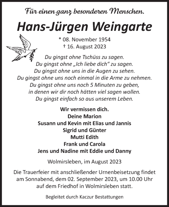 Traueranzeige von Hans-Jürgen Weingarte von Volksstimme Staßfurt