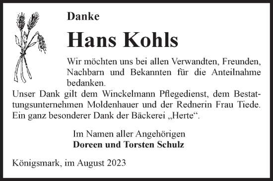 Traueranzeige von Hans Kohls von Volksstimme Altmark Ost